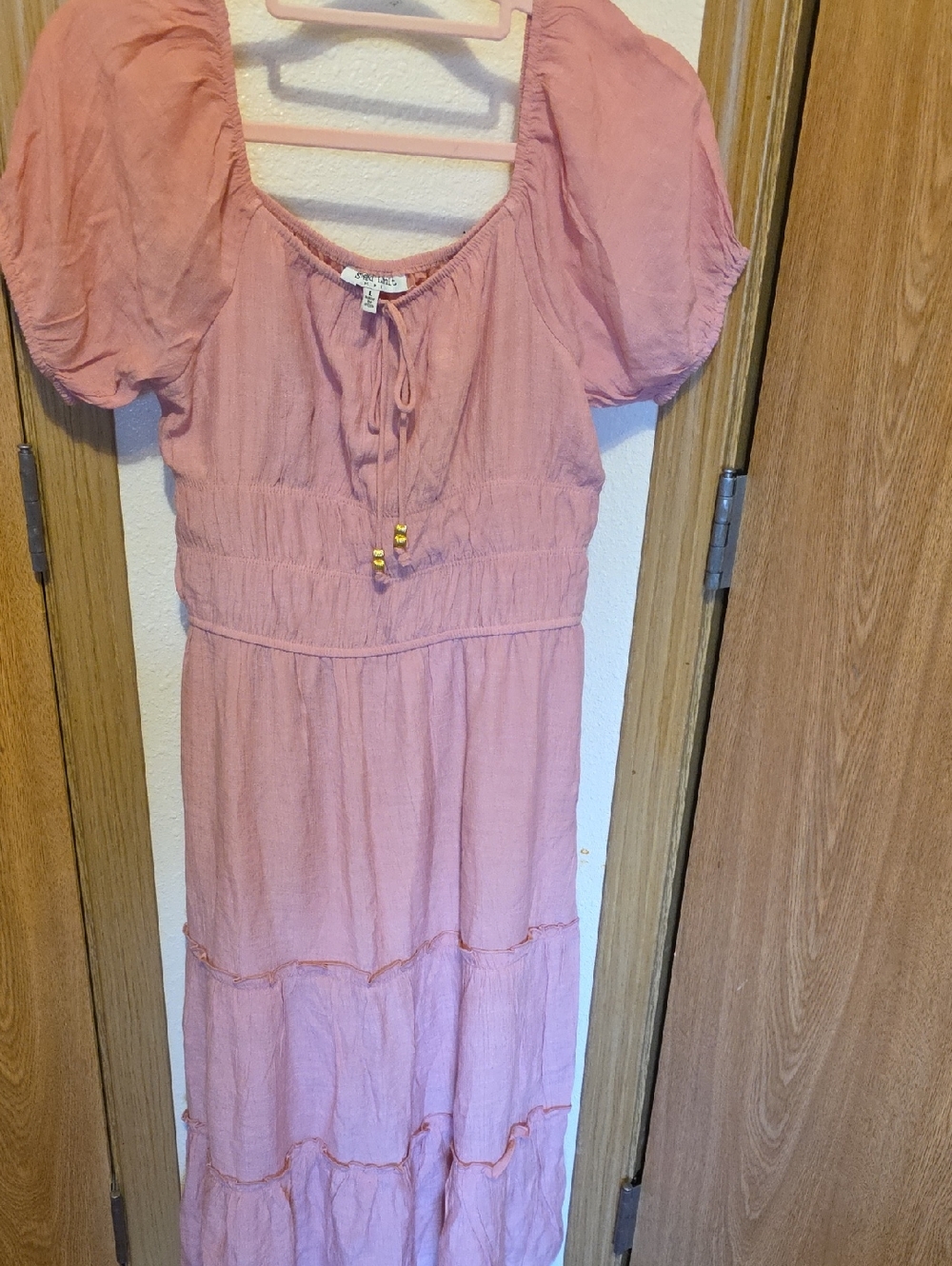 Soft Pink Tiered Maxi Dress with Puff Sleeves and Tie Neck